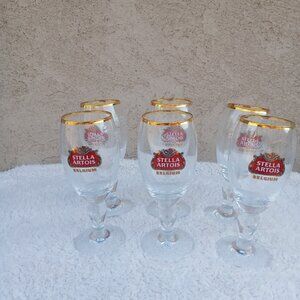STELLA ARTOIS BELGIUM ANNO 1366 CLEAR GOLD SET OF 6 CUPS